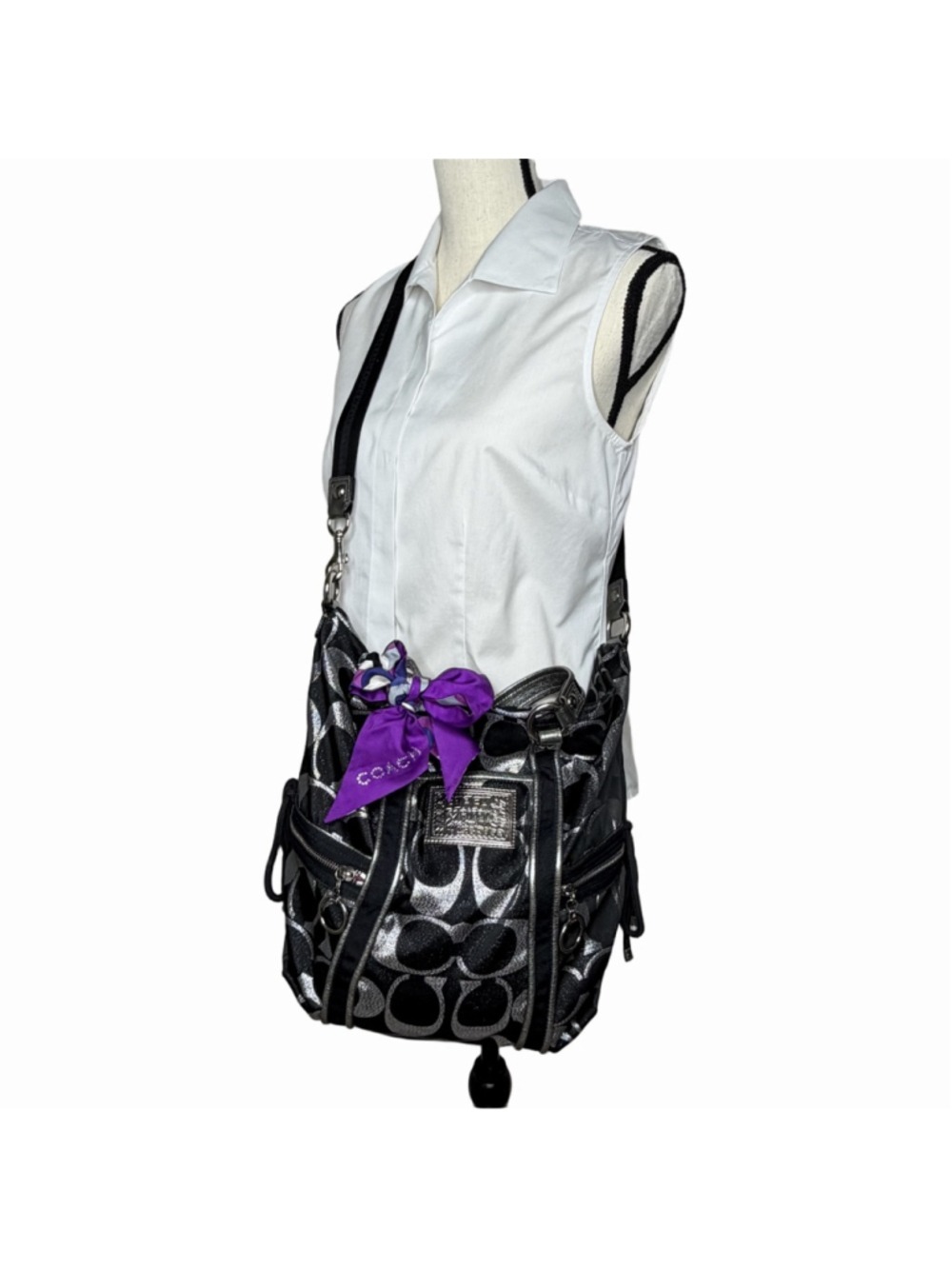 Coach Poppy Lurex Satchel Black Silver Plum 14435 Large